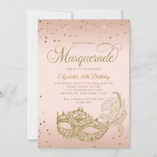 Convites Blush Rosa Dourado Brilho Máscara Aniversário