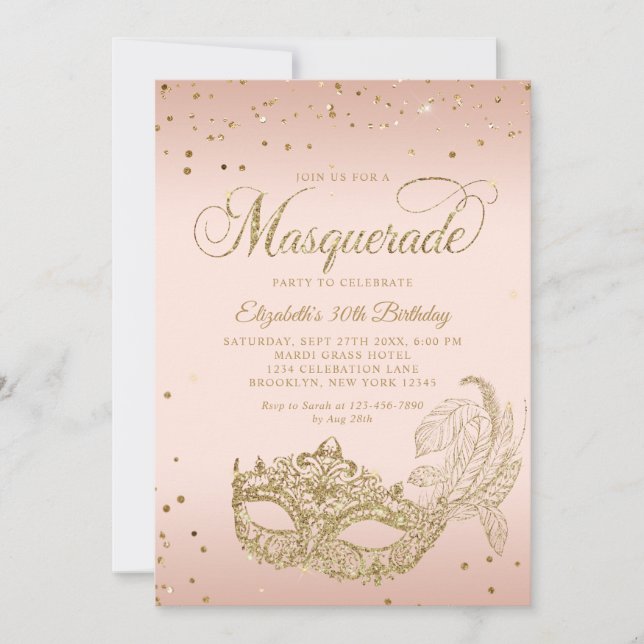 Convites Blush Rosa Dourado Brilho Máscara Aniversário (Frente)
