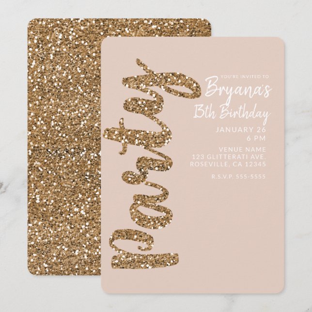 Convites Blush Rosa Dourado com Purpurina Festa de Aniversá (Frente/Verso)