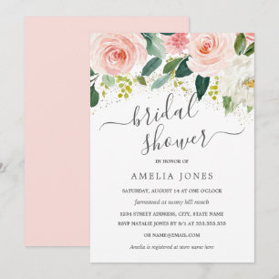 Convites Blush Rosa Dourado Floral Aguarela Chá de Noiva