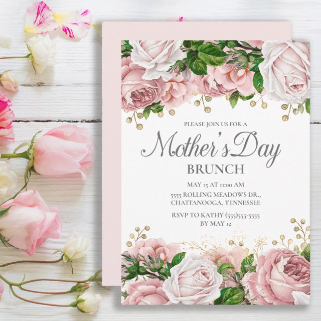 Convites Blush Rosa Dourado Floral Brunch do Dia das Mães (Elegant pink roses Mother's Day invitation)