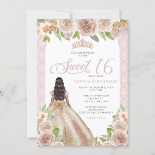 Convites Blush Rosa Dourado Floral Princesa Tiara Sweet 16