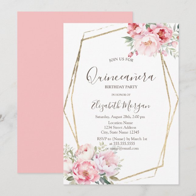 Convites Blush Rosa Dourado Frame Quinceañera (Frente/Verso)