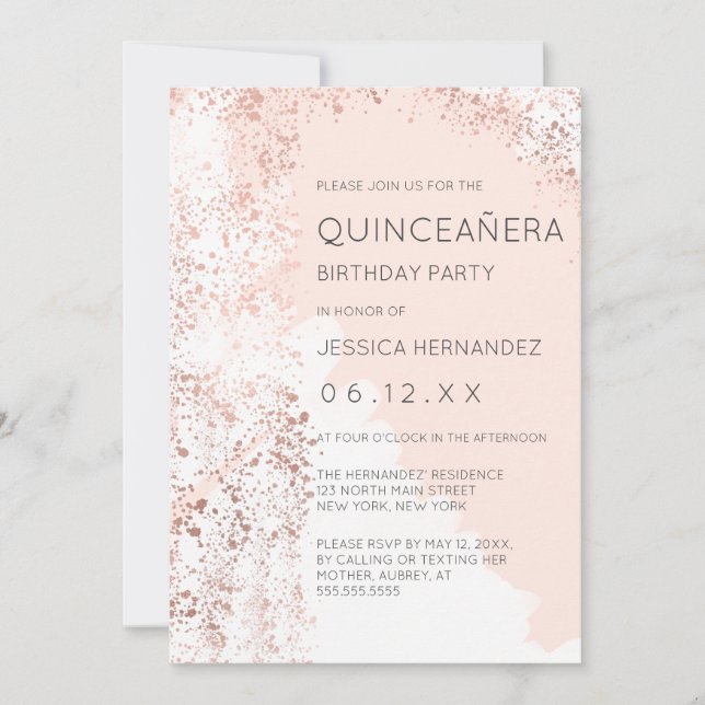 Convites Blush Rosa Dourado Splatter Brushaft Quinceañera (Frente)