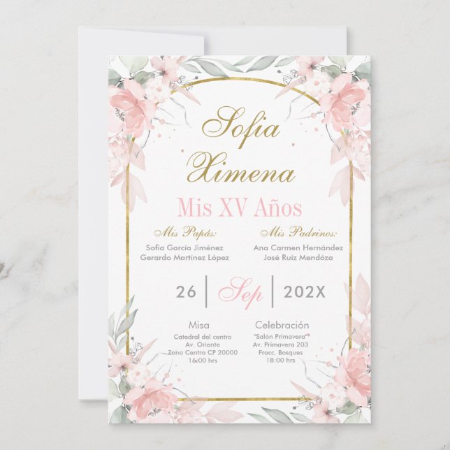 Convites Blush Rosa e Arco Dourado Quinceañera (Frente)