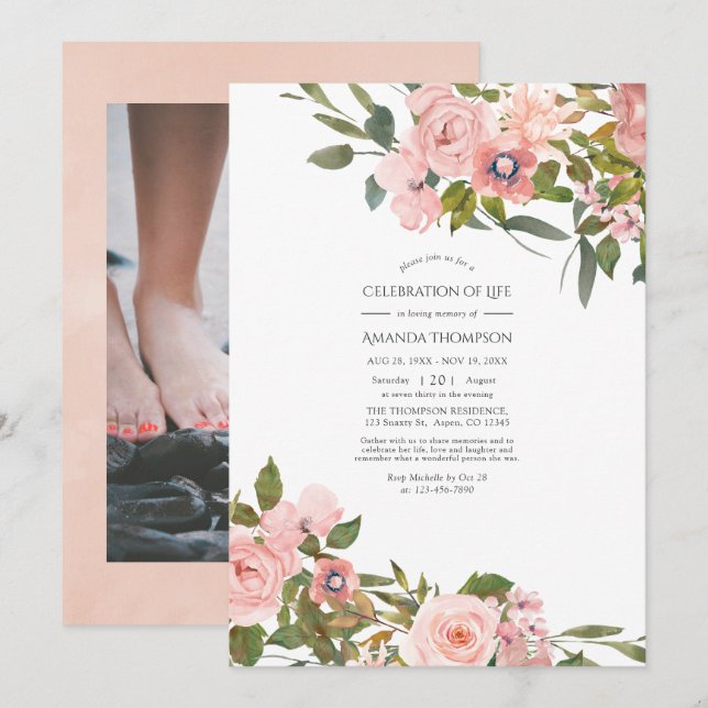 Convites Blush Rosa e Celebração de Vida Floral em Dourado  (Frente/Verso)