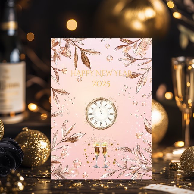 Convites Blush Rosa e Dourado Champanhe Réveillon (Criador carregado)
