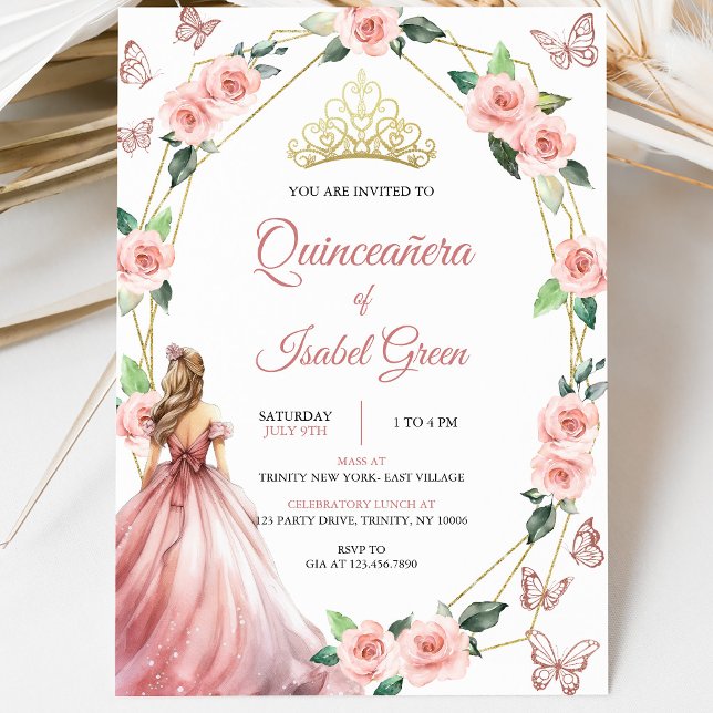 Convites Blush Rosa e Dourado Quinceañera (Criador carregado)