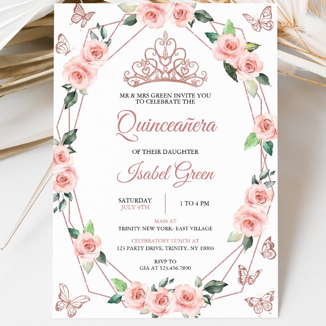Convites Blush Rosa e Dourado Quinceañera (Criador carregado)