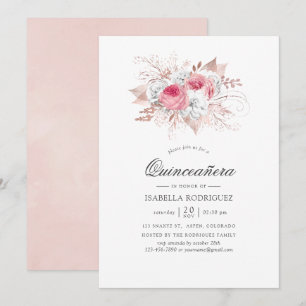 Convites Blush Rosa e Dourado Rosa Floral Quinceañera