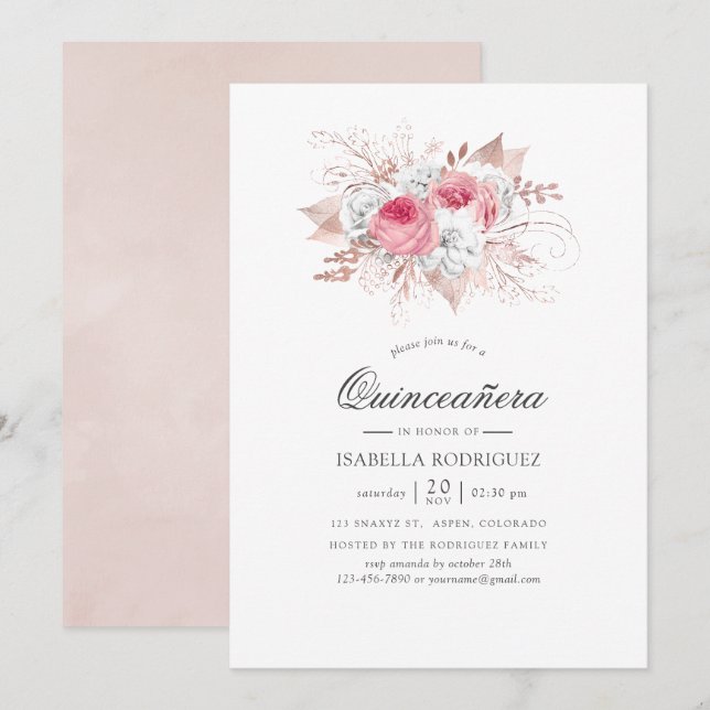 Convites Blush Rosa e Dourado Rosa Floral Quinceañera (Frente/Verso)