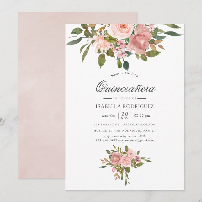 Convites Blush Rosa e Dourado Rosa Quinceañera (Frente/Verso)