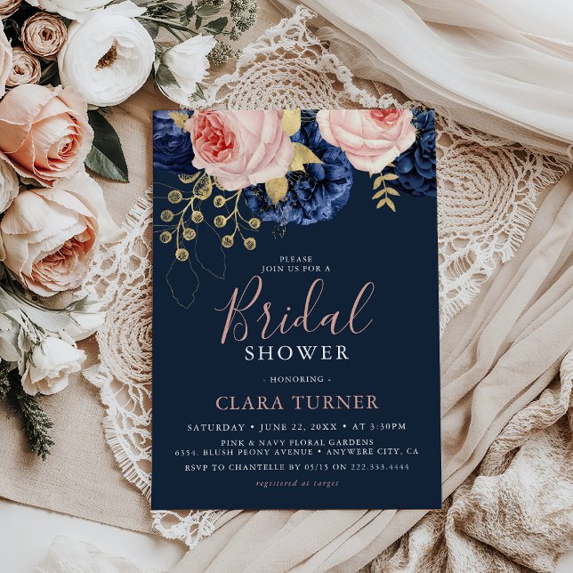 Convites Blush Rosa e Florais Azul Meia-Noite Chá de Noiva (Criador carregado)