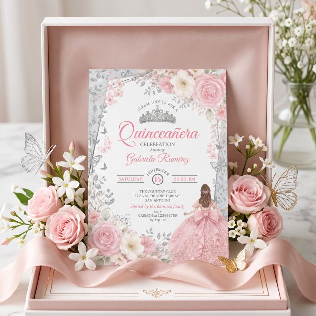 Convites Blush Rosa e Sage Aquarela Prata Quinceañera  (Criador carregado)