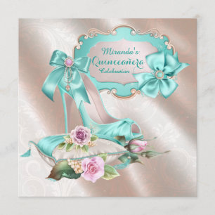 Convites Blush Rosa e Sapato de Salto Alto Teal Quinceanera