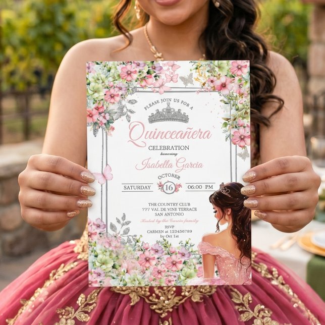Convites Blush Rosa e Verde Floral Borboleta Quinceañera (Criador carregado)