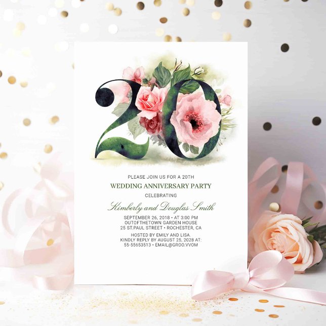 Convites Blush Rosa Floral 20º Aniversário de Casamento (20th Wedding Anniversary Invitations)