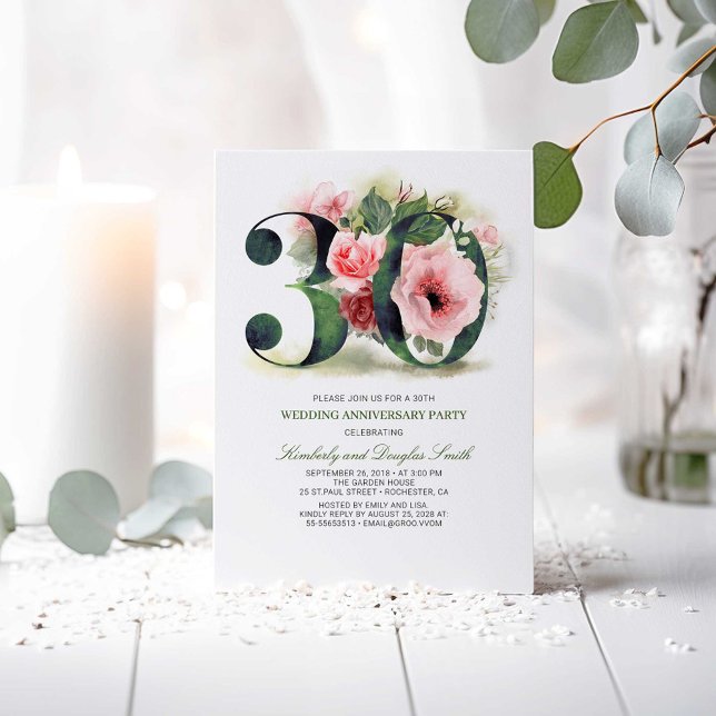Convites Blush Rosa Floral 30º Aniversário de Casamento (30th Wedding Anniversary Invitations)
