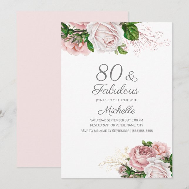 Convites Blush Rosa Floral 80 e Fabuloso Aniversário (Frente/Verso)
