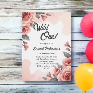 Convites Blush Rosa Floral Aquarela Wild One Aniversário de