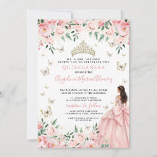 Convites Blush Rosa Floral Borboleta Dourada Quinceanera