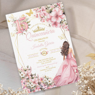 Convites Blush Rosa Floral Borboletas Douradas Quinceañera