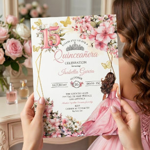 Convites Blush Rosa Floral Borboletas Douradas Quinceañera