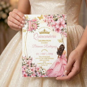 Convites Blush Rosa Floral Borboletas Douradas Quinceañera