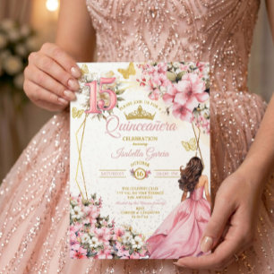 Convites Blush Rosa Floral Borboletas Douradas Quinceañera