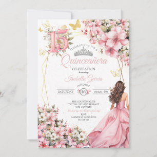 Convites Blush Rosa Floral Borboletas Douradas Quinceañera