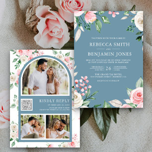 Convites Blush Rosa Floral Código QR Casamento Dusty Azul