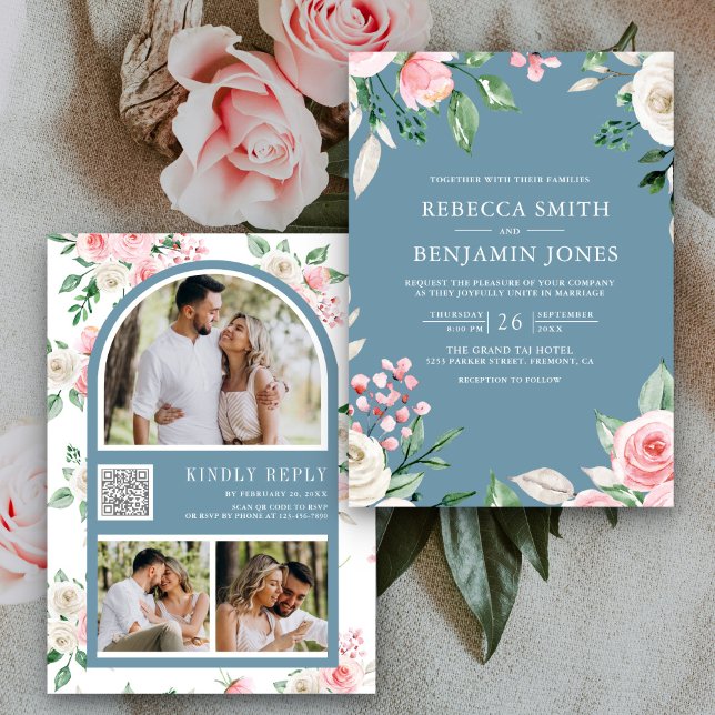 Convites Blush Rosa Floral Código QR Casamento Dusty Azul (Criador carregado)