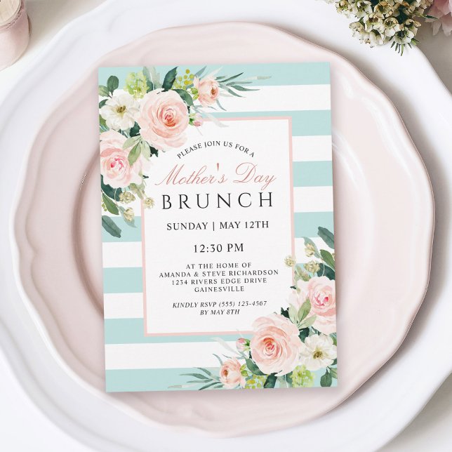 Convites Blush Rosa Floral e Dia de as mães Stripes Brunch (Available in both printed and instant download digital formats.)