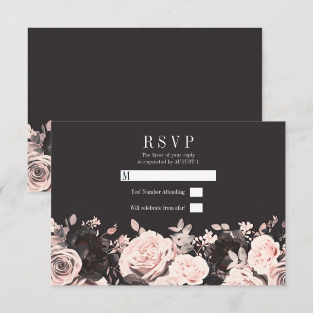 Convites Blush Rosa Floral Escuro Preto Carvão Casamento RS (Frente/Verso)
