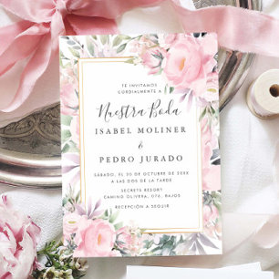Convites Blush Rosa Floral Nuestra Boda Casamento espanhol