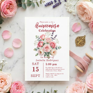 Convites Blush Rosa Floral Quinceañera em Aquarela