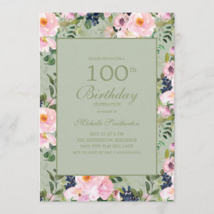 Convites Blush Rosa Floral Verde Menta 100º Aniversário