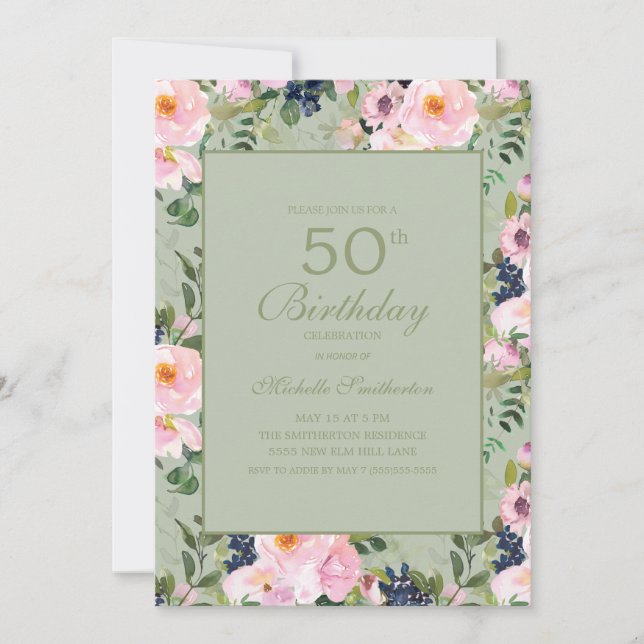 Convites Blush Rosa Floral Verde Menta 50º Aniversário (Frente)
