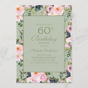 Convites Blush Rosa Floral Verde Menta 60º Aniversário