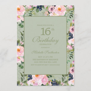 Convites Blush Rosa Floral Verde Menta Aniversário de 16 an