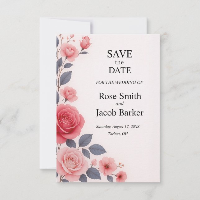 Convites Blush Rosa Floral Wedding Salvar Data (Frente)