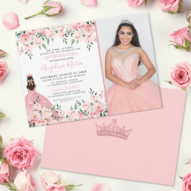 Convites Blush Rosa Foto Floral Quinceanera (Floral Photo Blush Pink Quinceanera Invitation)