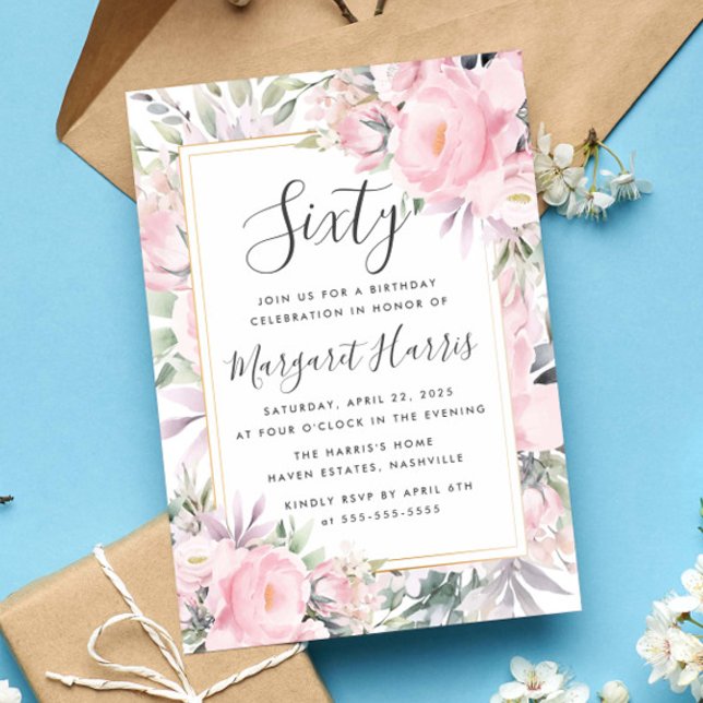 Convites Blush Rosa Frame Dourado Floral 60º Sessenta Anive (Criador carregado)