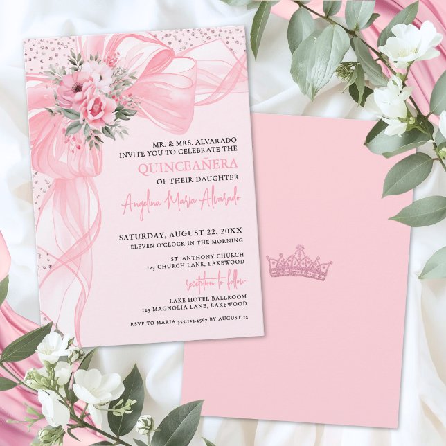 Convites Blush Rosa Laço de Quinze Anos (Blush Pink Bow Quinceanera Invitation)