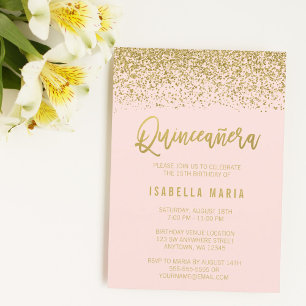 Convites Blush Rosa Moderno Brilho de Faux Dourado Quincean
