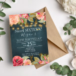 Convites Blush rosa pêssego marinho dourado luzes de corda<br><div class="desc">Modelo de convite de festa sweet sixteen de luxo elegante estilo vintage romântico com rosas e flores de peônia rosa e pêssego dourado e bordas e cordas rústicas douradas ou luzes cintilantes em um fundo de quadro negro azul meia-noite. ----- O convite é adequado para a primavera ou verão à...</div>