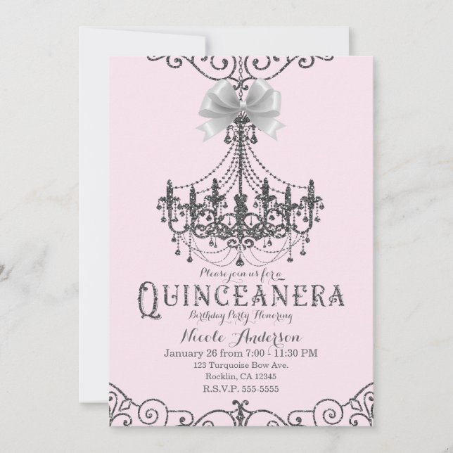 Convites Blush Rosa Prata Branco Laço Quinceañera 15 15º (Frente)