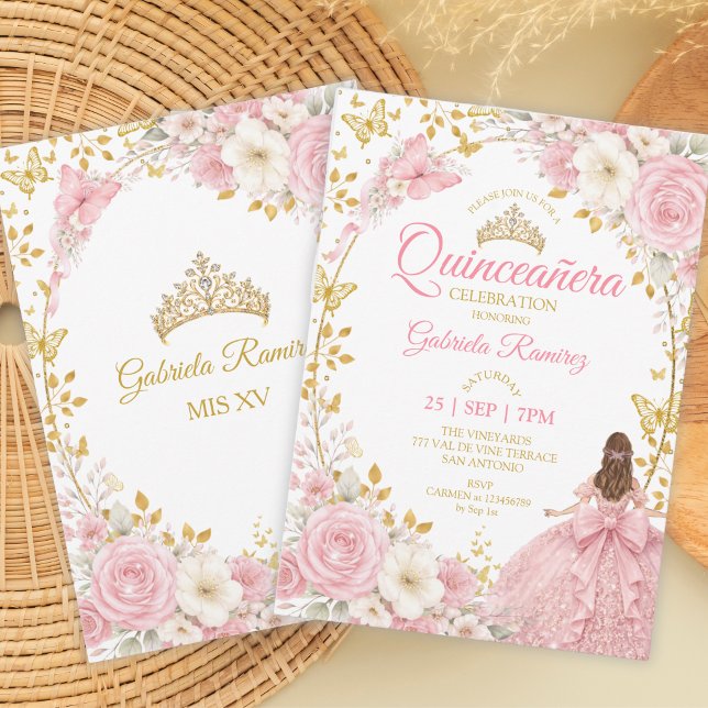 Convites Blush Rosa Quinceañera Borboletas Douradas (Criador carregado)