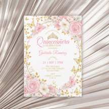 Blush Rosa Quinceañera Borboletas Douradas Rosas