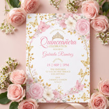 Blush Rosa Quinceañera Borboletas Douradas Rosas